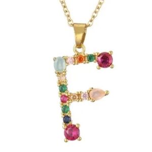 F Initial Pendant Necklace Multicolor Rhinestones Gold Tone Chain